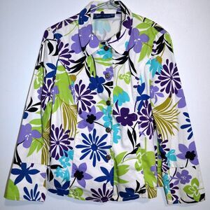 Susan Graver Style Jacket Floral Medium Boho Snap Button Colorful Festive Casual